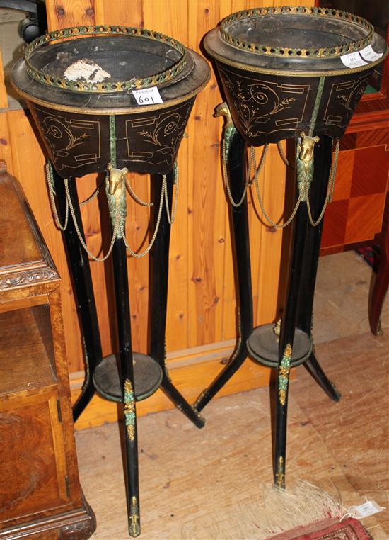 Pair of late Victorian ebonised and gilt metal mounted jardiniere stands